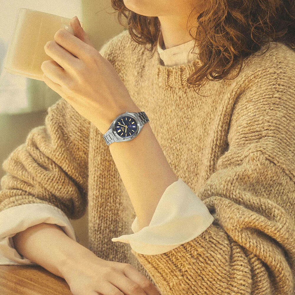 Seiko 5 Sports ‘Hebitama’ SNXS Denim Blue 32mm Dial Steel Bracelet Watch image number 4