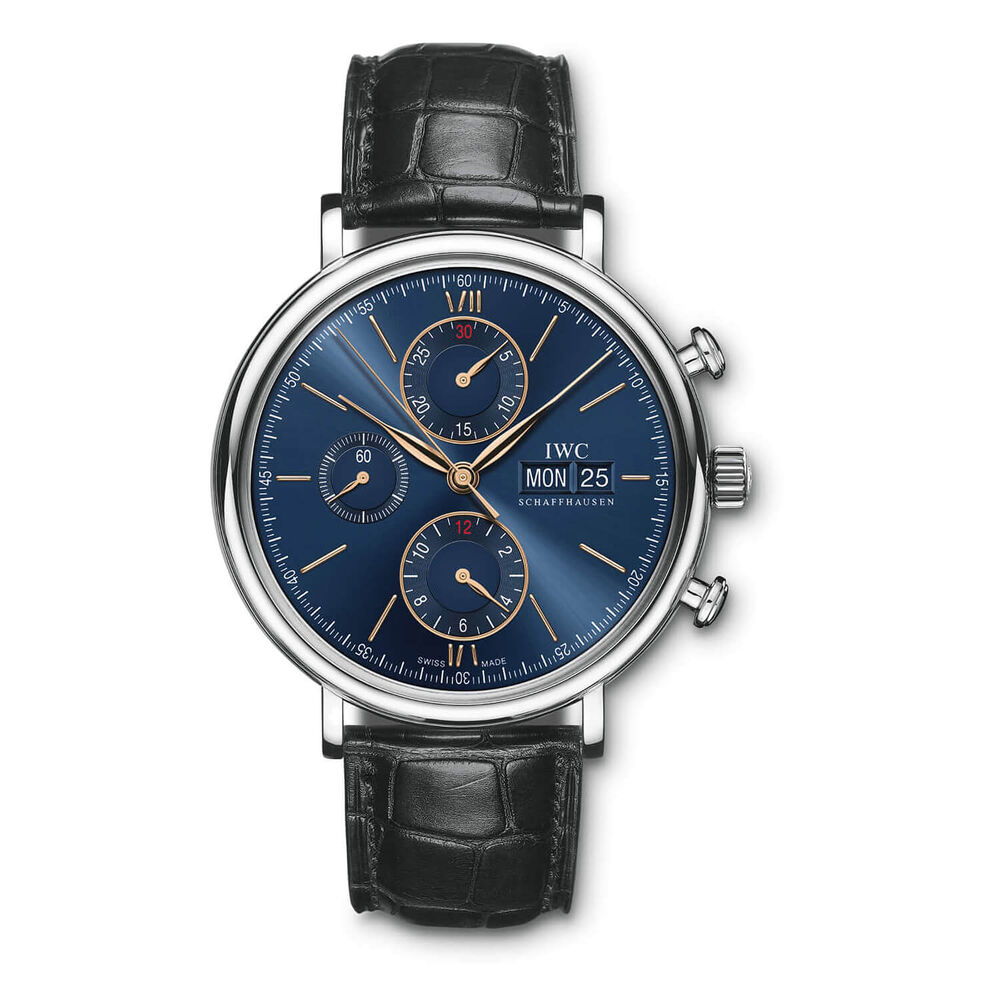 Pre-Owned IWC Schaffhausen Portofino Chronograph 42mm Blue Dial Black Leather Strap Watch image number 0
