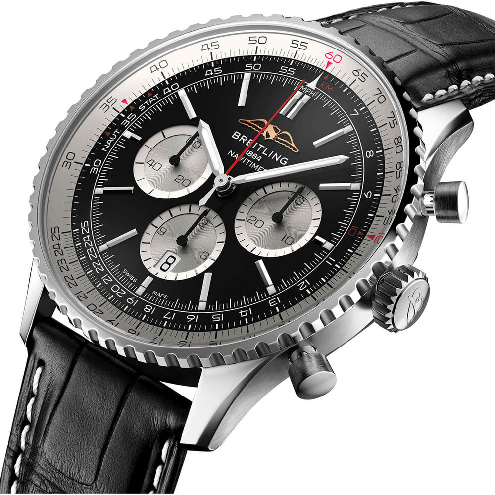 Breitling Navitimer B01 Chronograph 46 Black Dial Silver Details Black Strap Watch