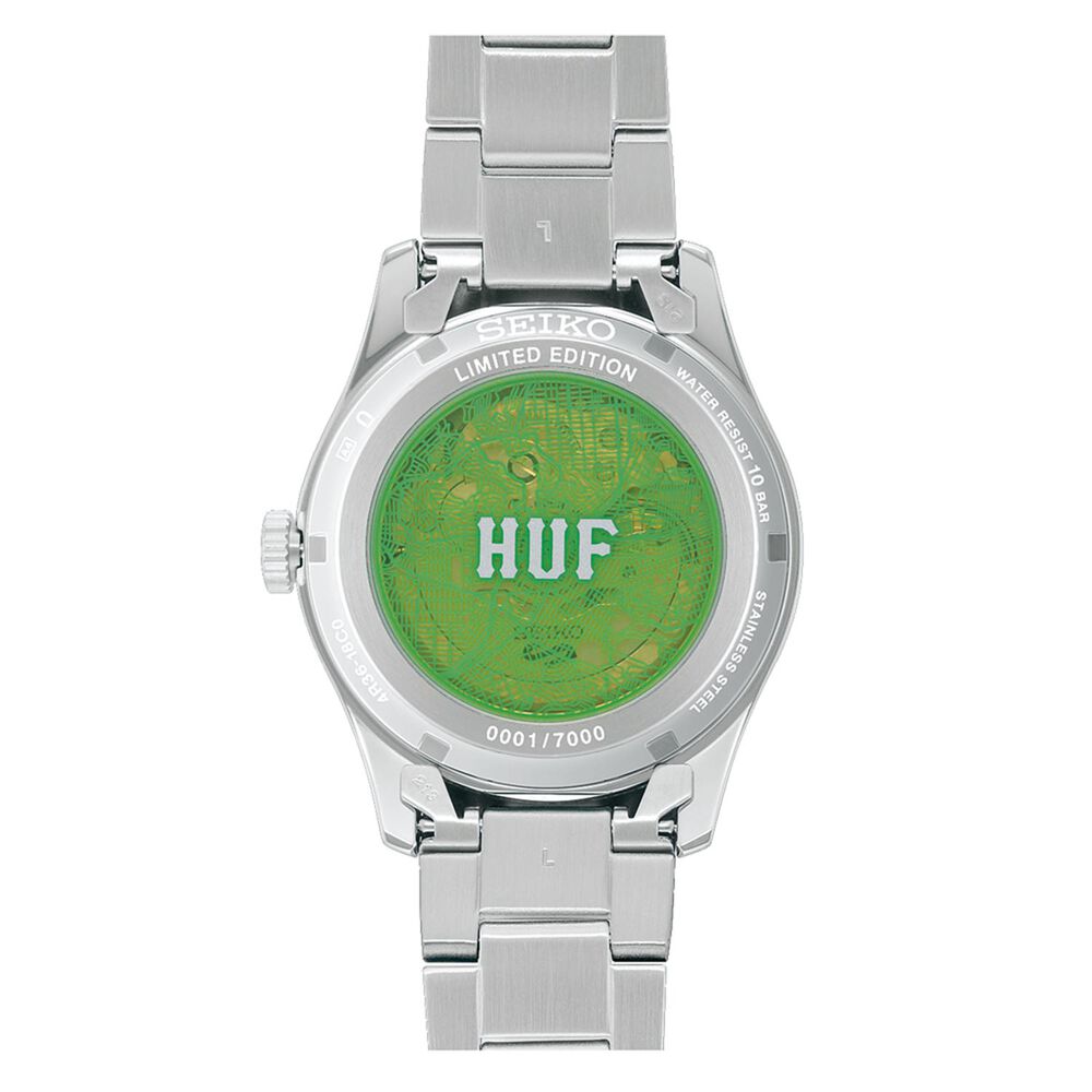 Seiko 5 Sports x HUF II Limited Edition Collaboration 39.4mm Green Dial Steel Bracelet Watch image number 2