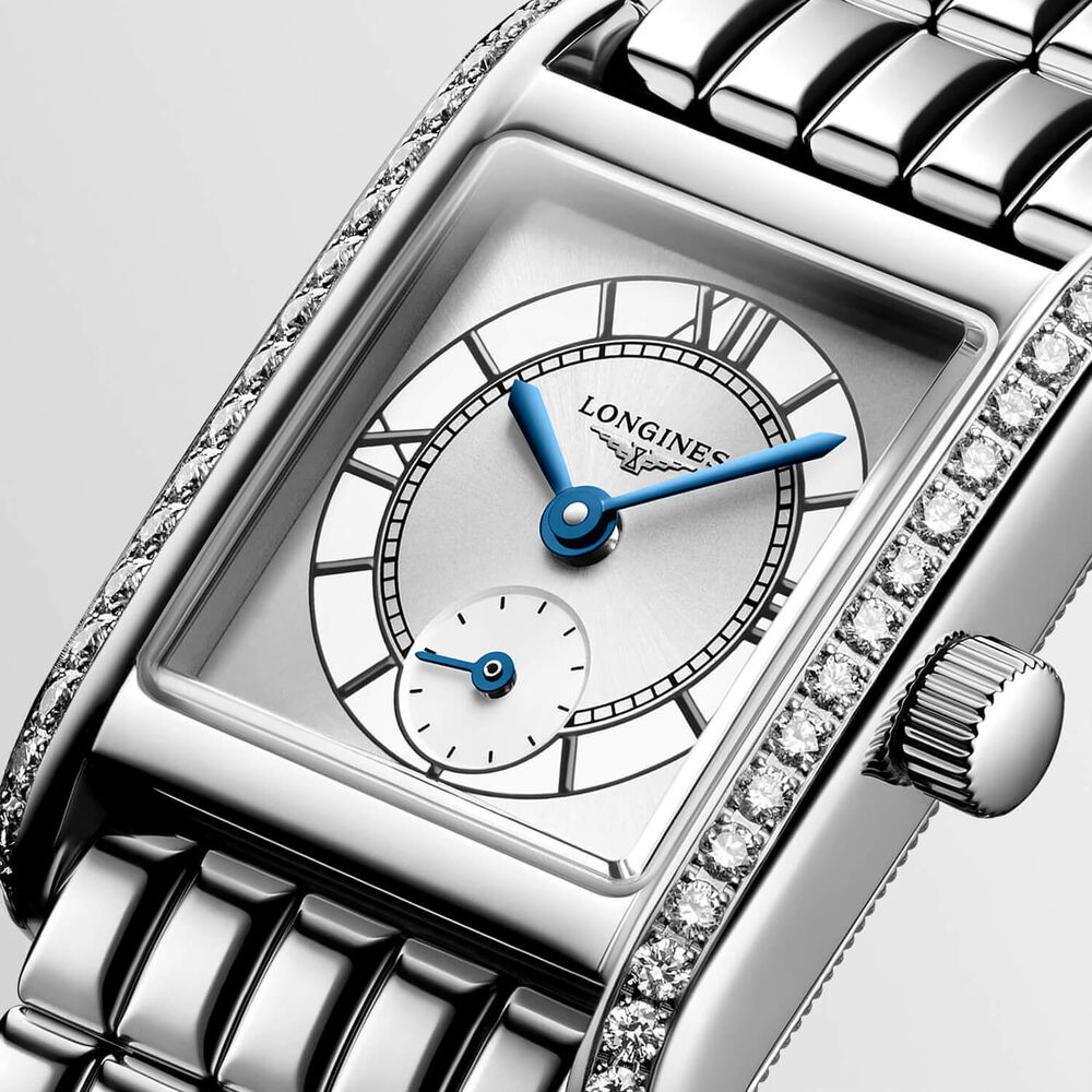 Longines MiniDolcevita 2023 29x21.5mm Silver "flinqué" Cosmo Circle Dial Diamond Case Watch image number 6