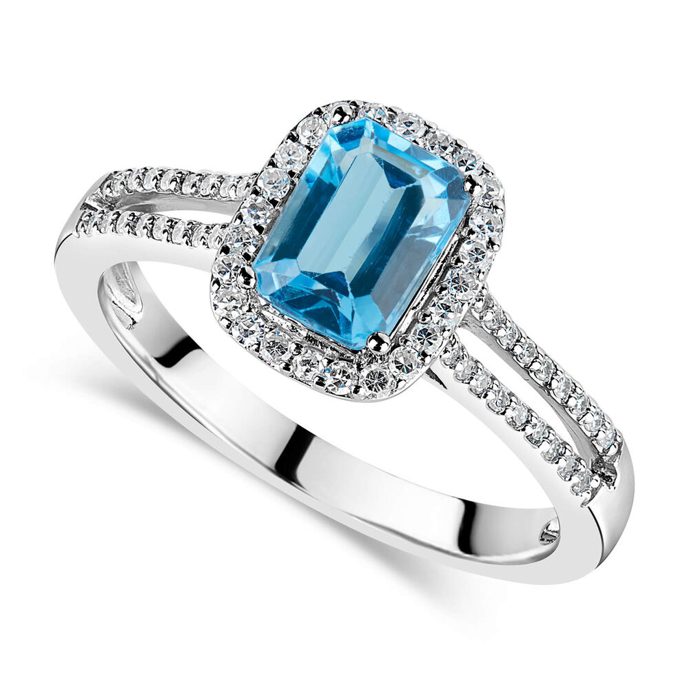 9ct White Gold 0.20ct Diamond and Blue Topaz Emerald Halo Ring