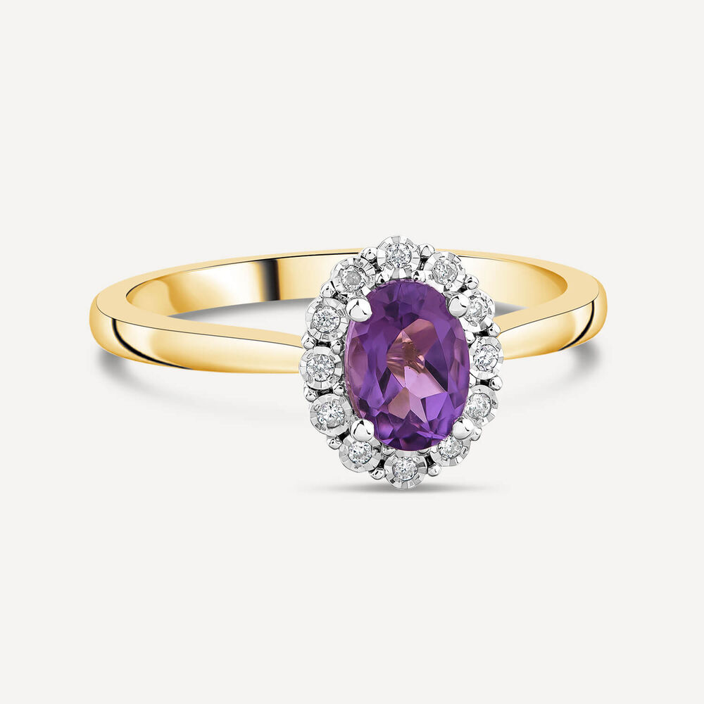 9ct Yellow Gold Oval Amethyst 0.05ct Cluster Diamond Ring image number 2