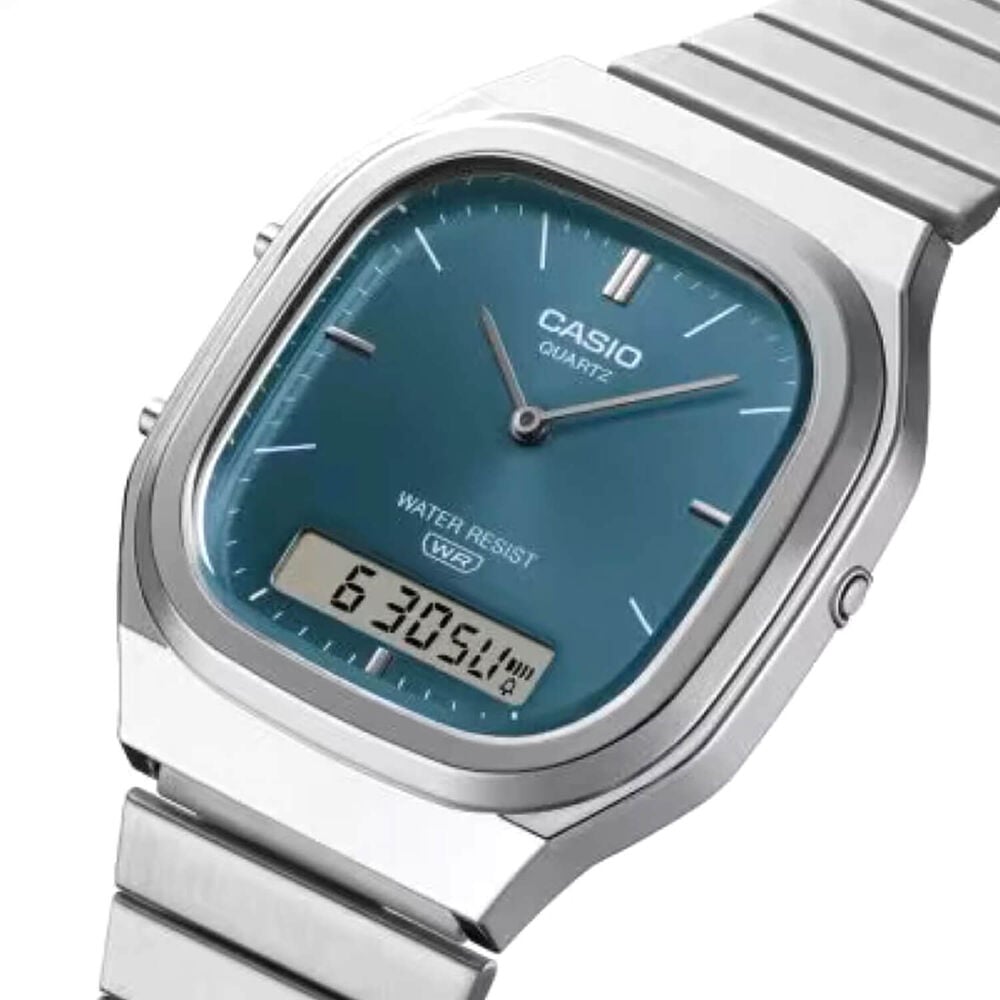 Casio Vintage Blue Dial Dual Display Stainless Steel Bracelet Watch image number 2