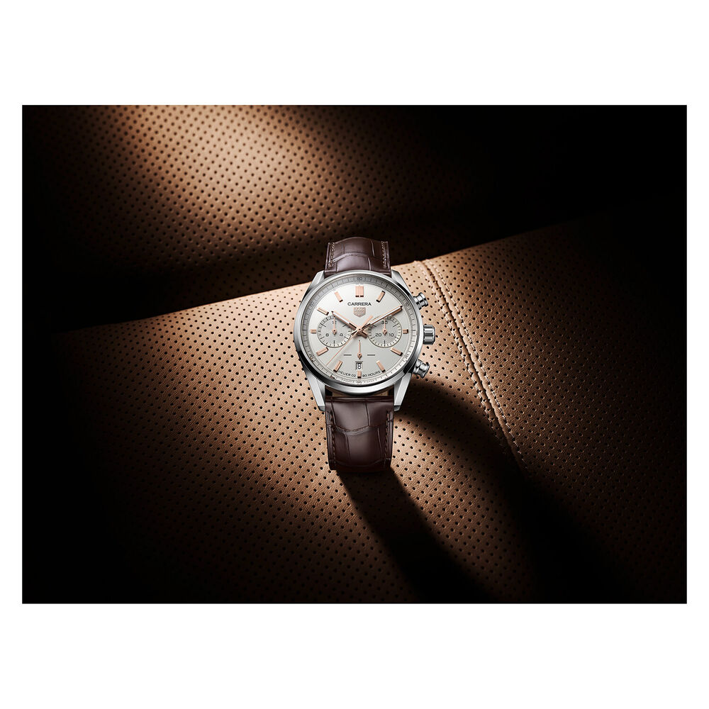 TAG Heuer Carrera 42mm Silver Rose Gold Steel Case Brown Strap Watch