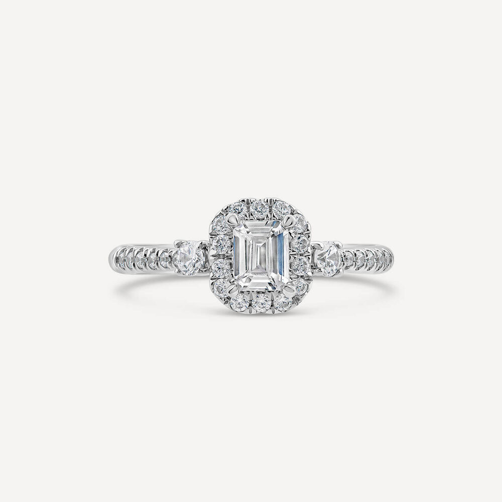 Orchid Setting 18ct White Gold 0.75ct Emerald Cut Halo Sides Diamond Shoulders Engagement Ring