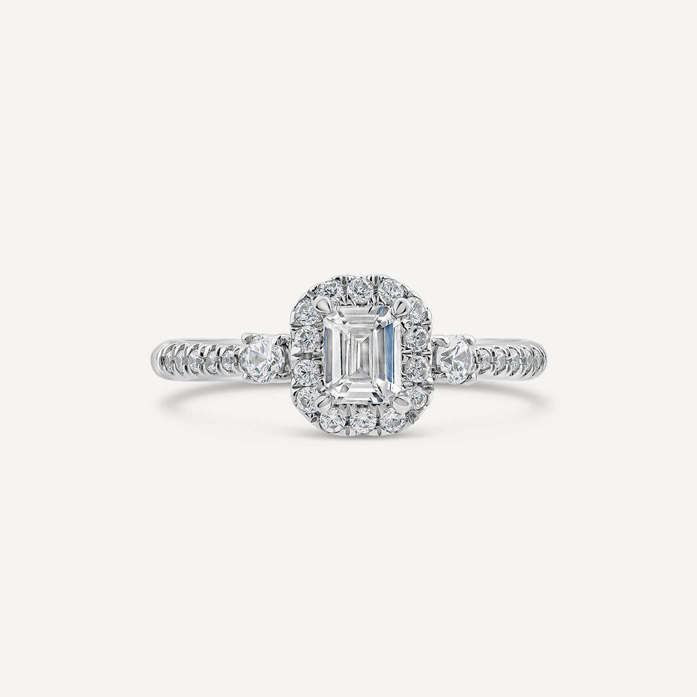 Orchid Setting 18ct White Gold 0.75ct Emerald Cut Halo Sides & Diamond Shoulders Engagement Ring image number 1