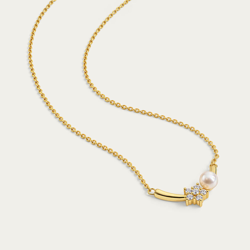 Yellow Gold Plated Sterling Silver Cubic Zirconia Flower & Pearl Bar Necklet