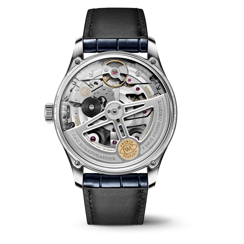 IWC Schaffhausen Portugieser Automatic 42 Silver Moon Dial Blue Alligator Leather Strap Watch image number 2