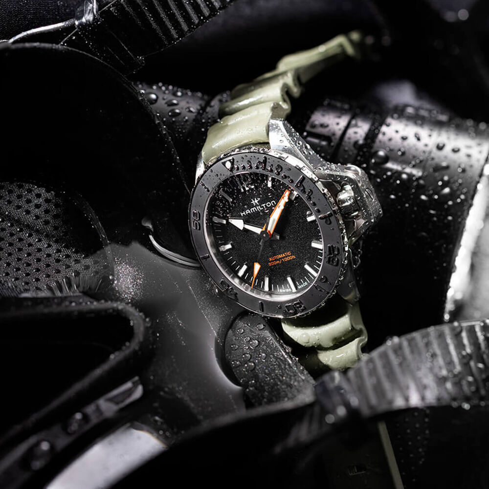Pre-Owned Hamilton Khaki Navy Frogman 46mm Black Dial Green Strap Watch