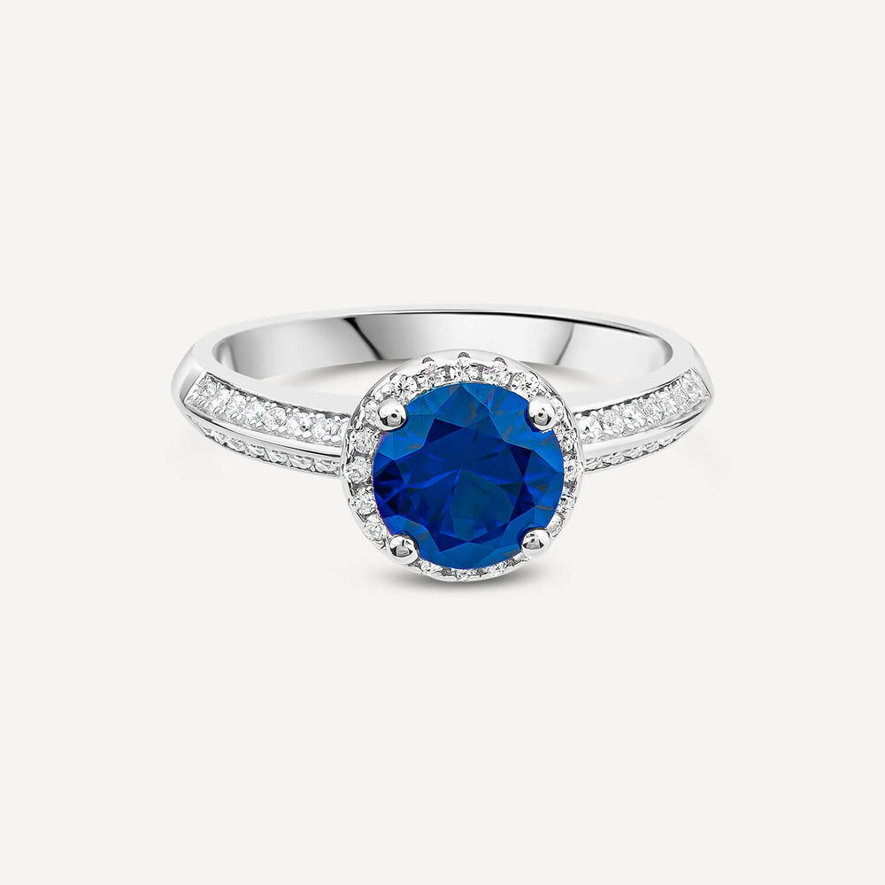 Sterling Silver Blue Centre Stone & Cubic Zirconia Shoulders Ring image number 2