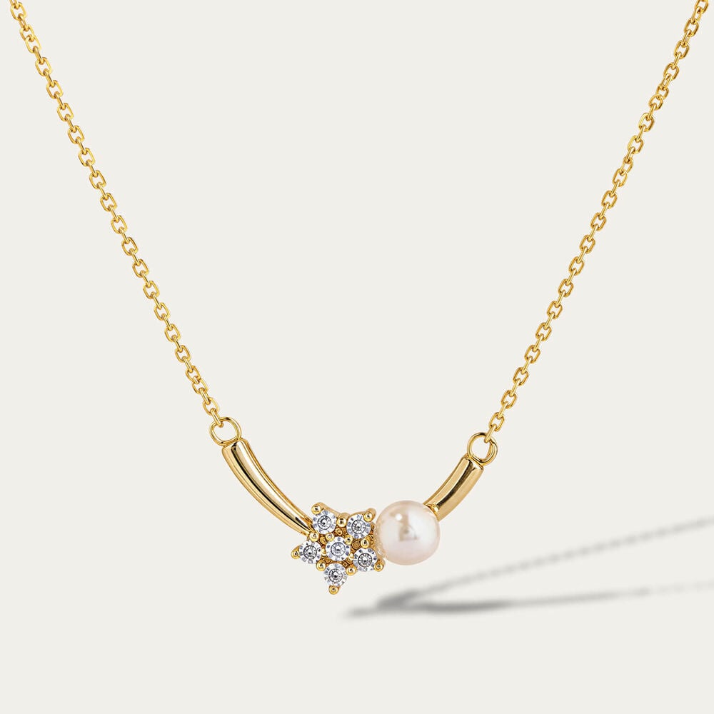 Yellow Gold Plated Sterling Silver Cubic Zirconia Flower & Pearl Bar Necklet