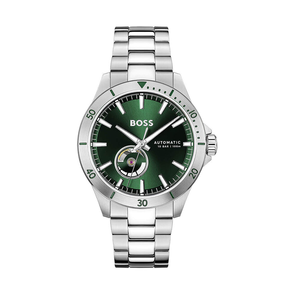 BOSS Troper Automatic 42mm Green Open Heart Dial Steel Bracelet Watch image number 0