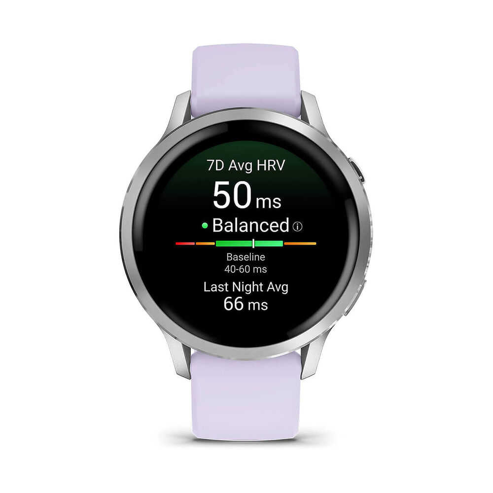 Garmin Venu 4 41mm Silver Bezel Periwinkle Silicone Strap Watch image number 1