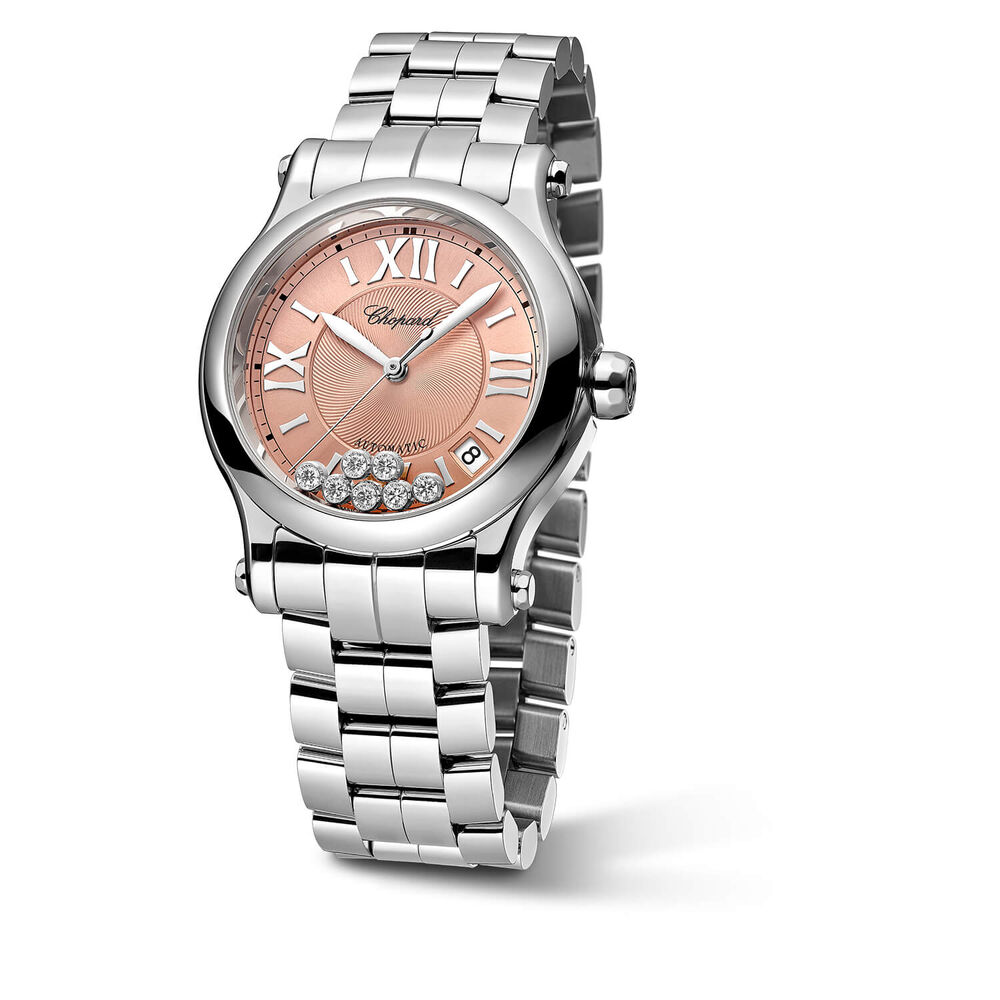 Chopard Happy Sport 36mm Pink Dial Seven Diamonds Steel Case Bracelet Watch