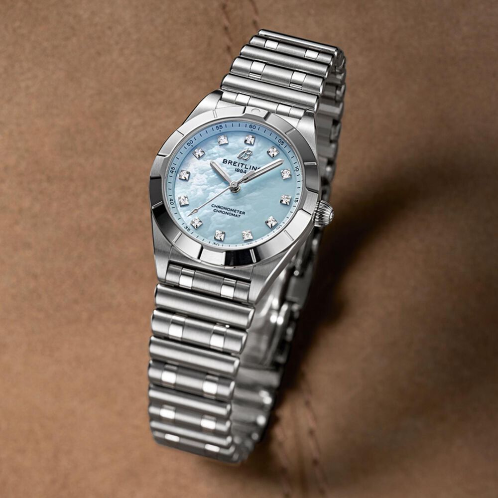 Breitling Chronomat 28mm Light Blue MOP Dial Diamond Dots Steel Bracelet Watch image number 2