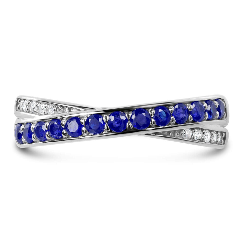 9ct White Gold Diamond and Sapphire Crossover Ring image number 1