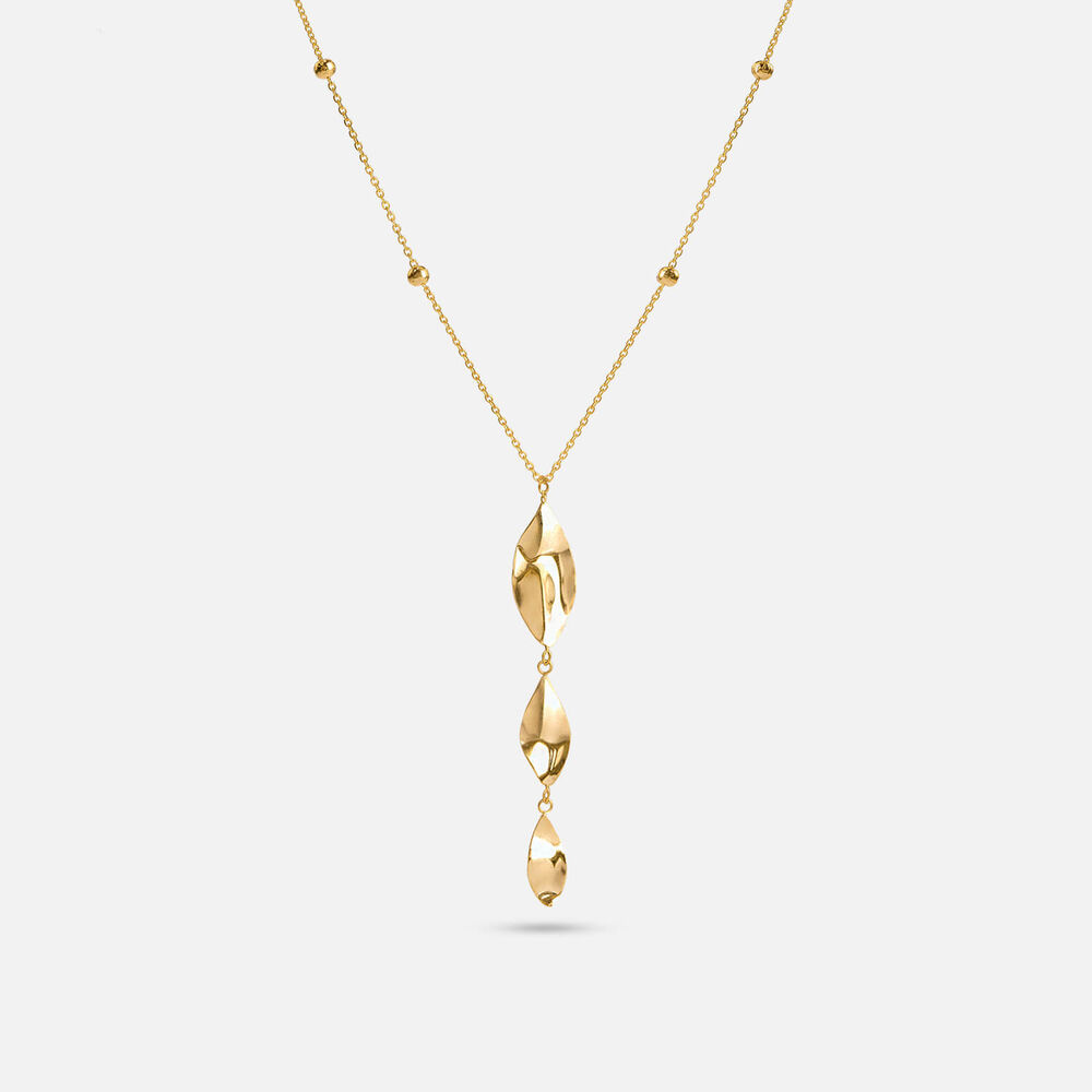 9ct Yellow Gold Beaded Chain 3 Polished Leaves Necklet