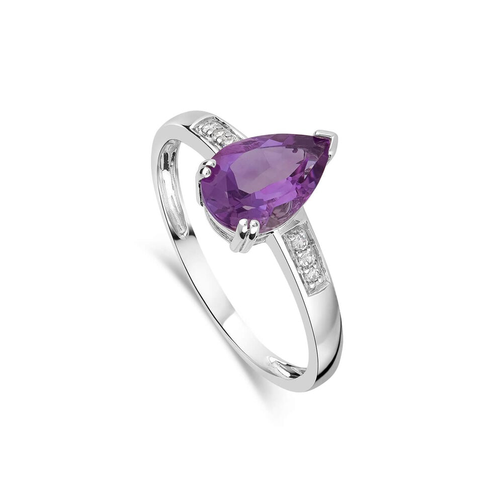 9ct White Gold Amethyst Pear and Diamond Ring image number 0