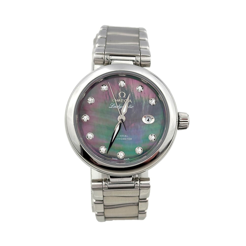 Pre-Owned OMEGA De Ville Ladymatic 34mm Black MOP Dial Diamond Dots Steel Bracelet Watch image number 0