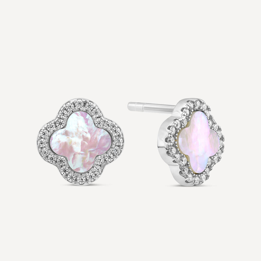 Sterling Silver Mother of Pearl & Cubic Zirconia Clover Petal Stud Earrings image number 1