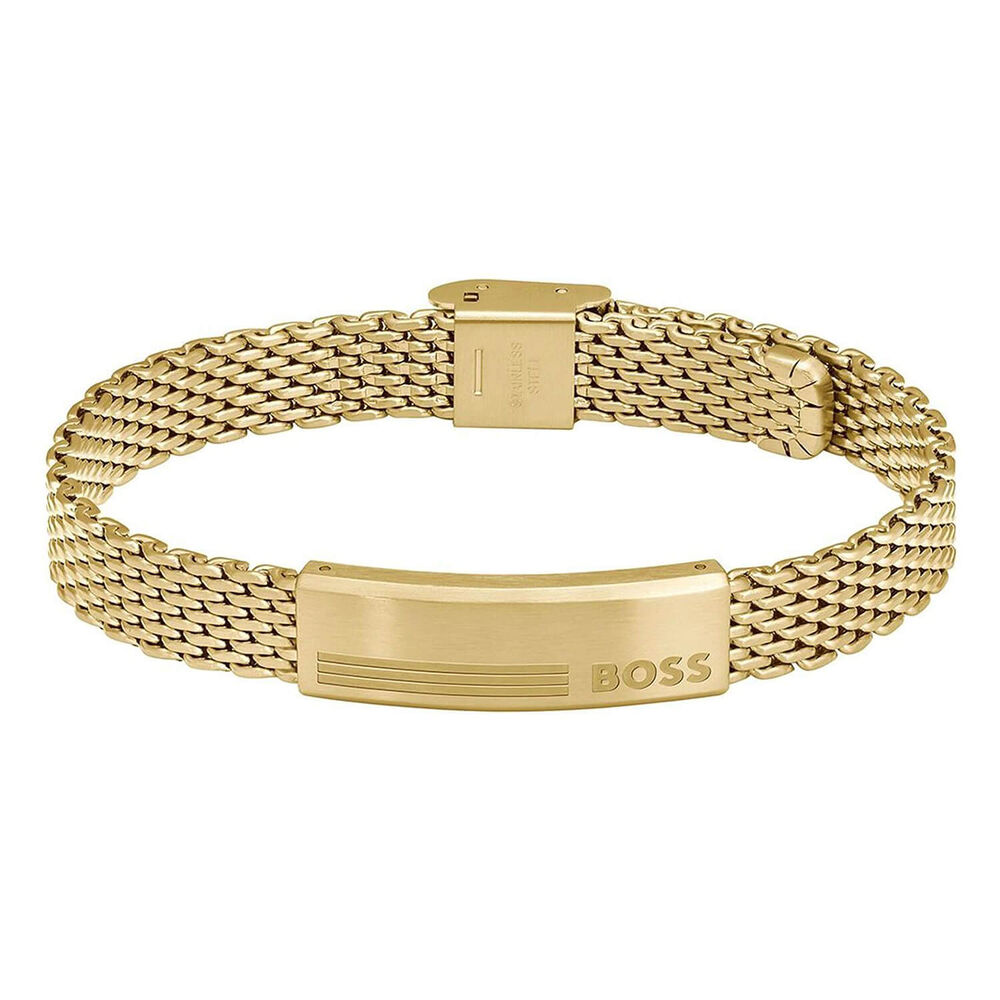 BOSS Alen Yellow Gold Plated Stainless Steel Signature Plate Bracelet