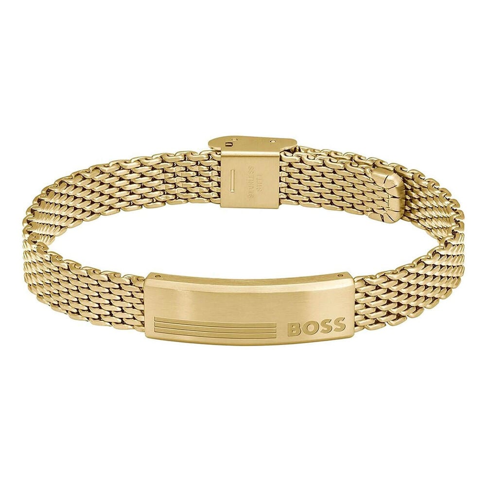 BOSS Alen Yellow Gold Plated Stainless Steel Signature Plate Bracelet image number 0