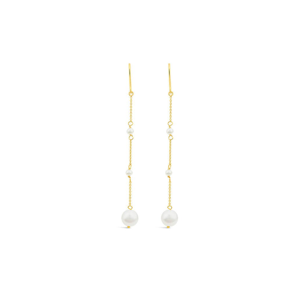 9ct Yellow Gold Pearl Station Chain Drop Earrings image number 0