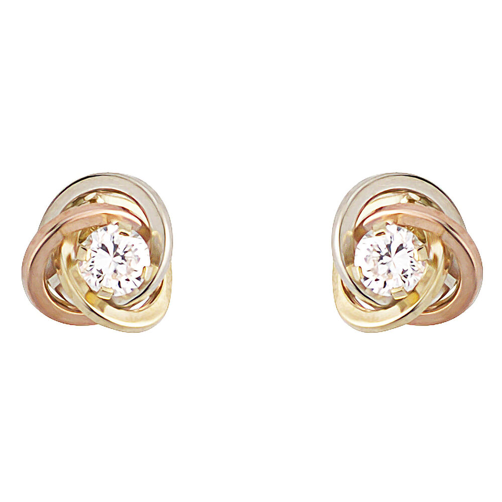 9ct three colour gold cubic zirconia  knot stud earrings