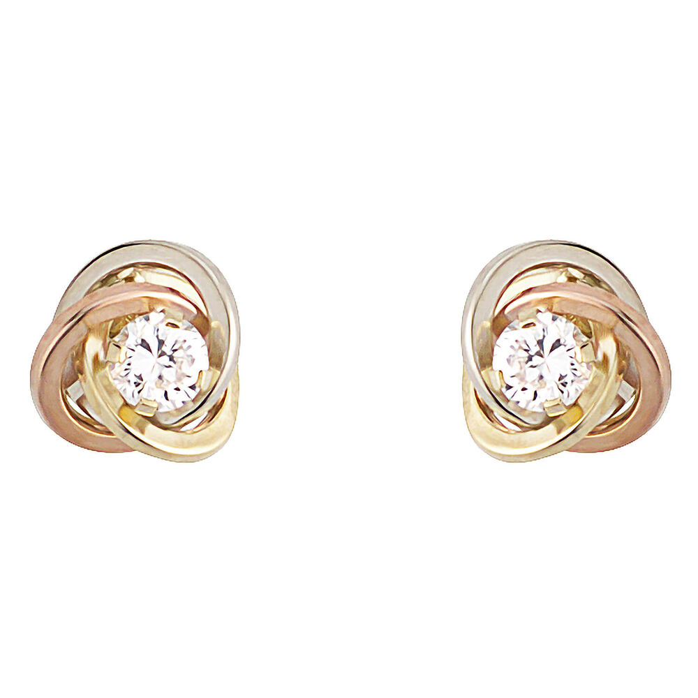 9ct three colour gold cubic zirconia  knot stud earrings image number 0