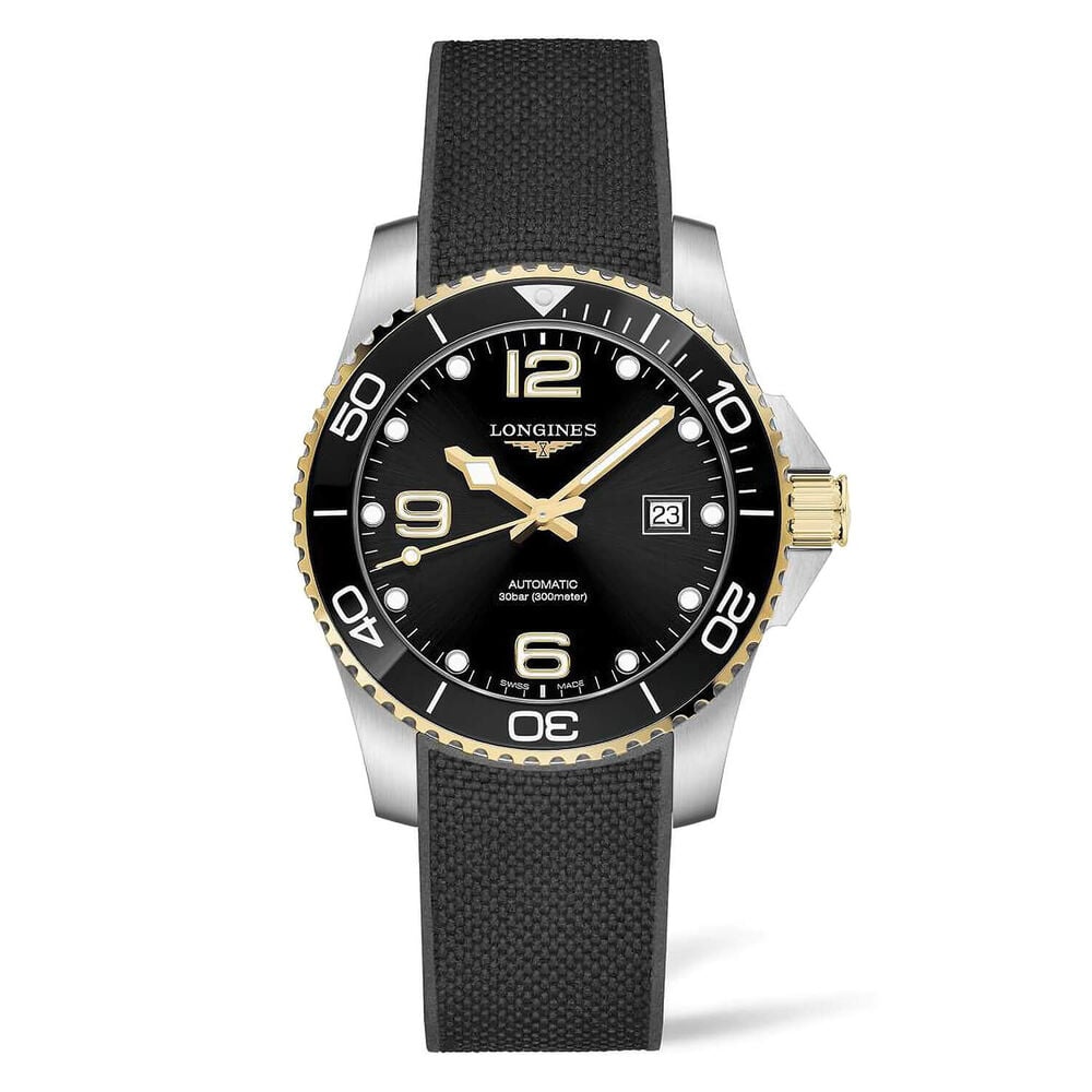 Longines HydroConquest 41mm Black Dial Yellow Gold & Steel Case Black Rubber Strap Watch
