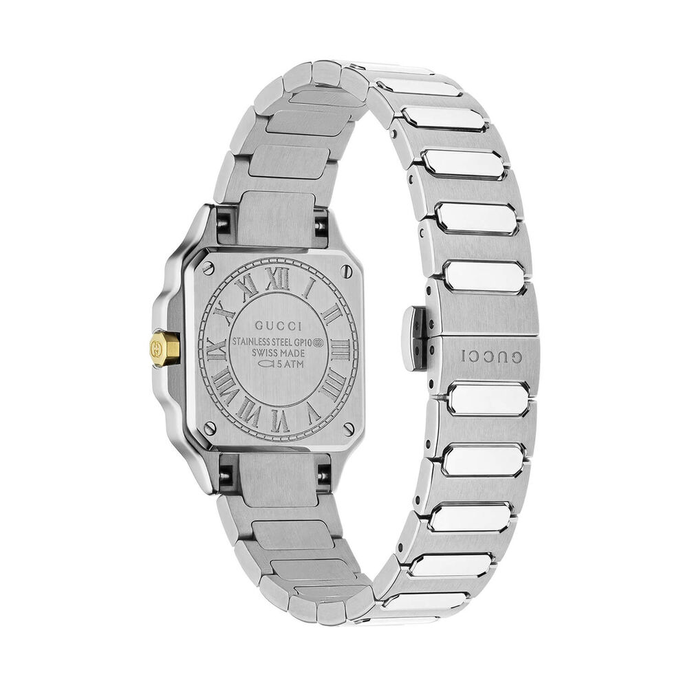 Gucci G-Flat 24mm Silver Dial Diamond Dots Gold Details Steel Bracelet Watch image number 1