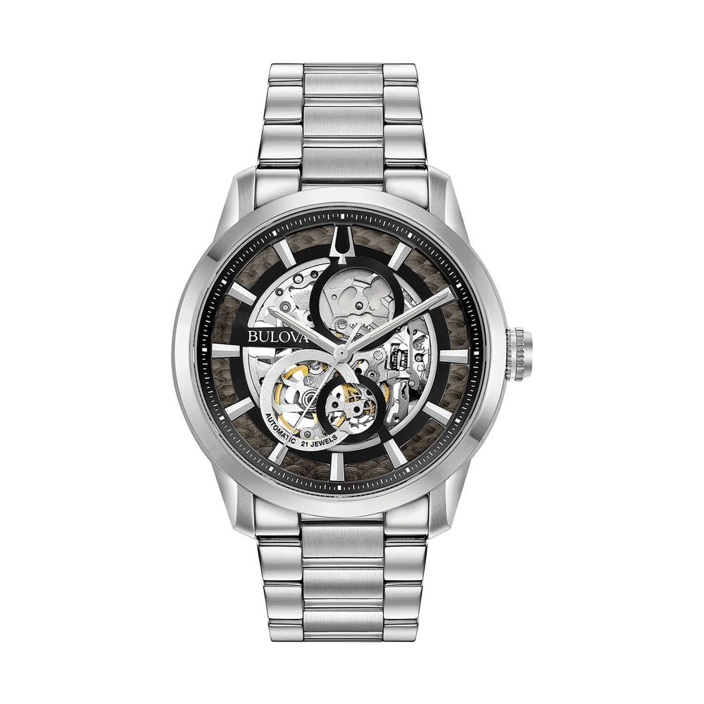Bulova Sutton Automatic 43mm Black Skeleton Dial Steel Bracelet Watch image number 0