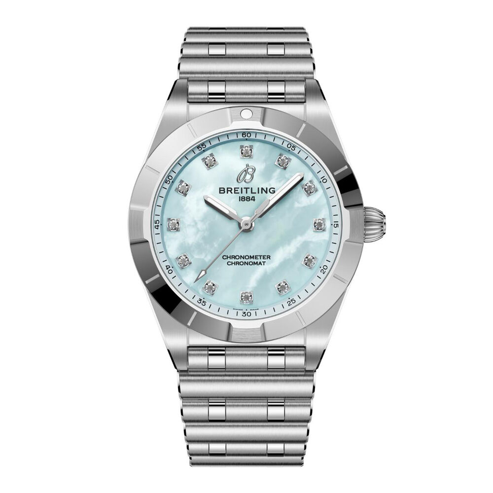 Breitling Chronomat 28mm Light Blue MOP Dial Diamond Dots Steel Bracelet Watch image number 0