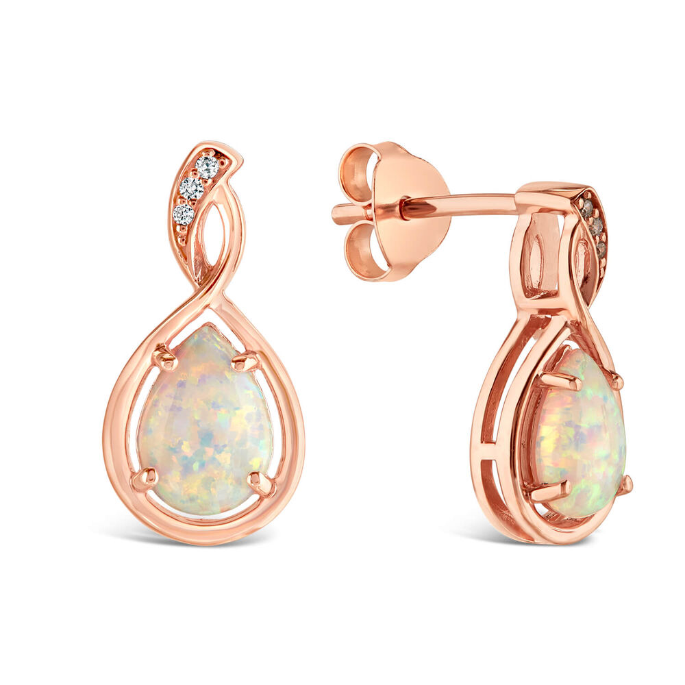 9ct Rose Gold Created Opal Twist Diamond Top Pear Stud Earrings