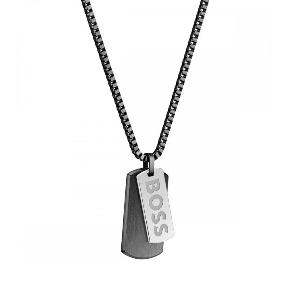 BOSS Devon Branded Double Tag Pendant Black IP Box Chain Steel Necklace