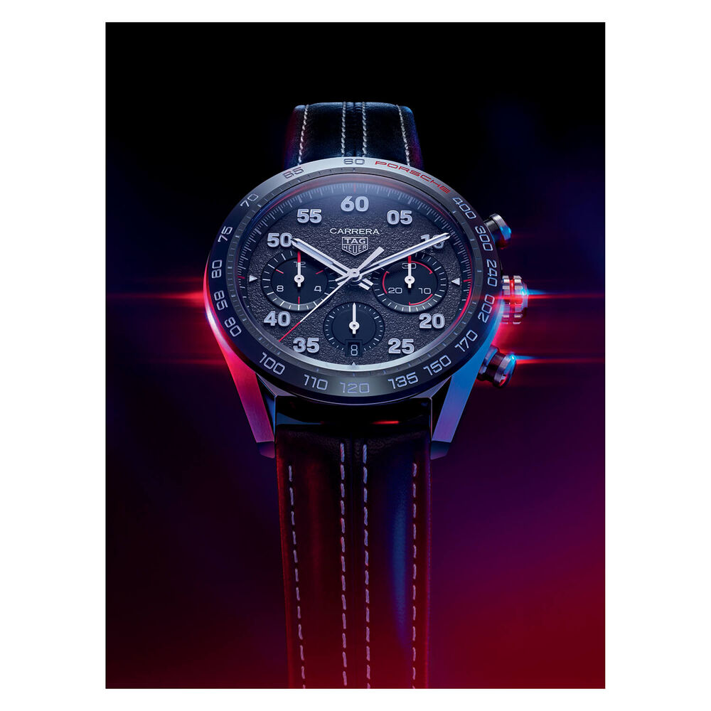 TAG Heuer Carrera Chronograph x Porsche 44mm Black Dial & Bezel Leather Strap Watch image number 4