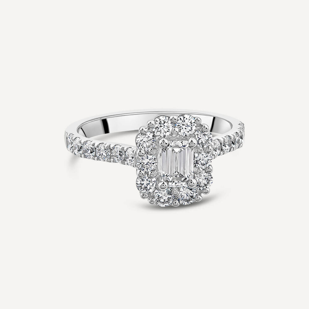 Platinum 1.12ct Emerald Cut Centre Diamond Halo & Shoulders Engagement Ring image number 2