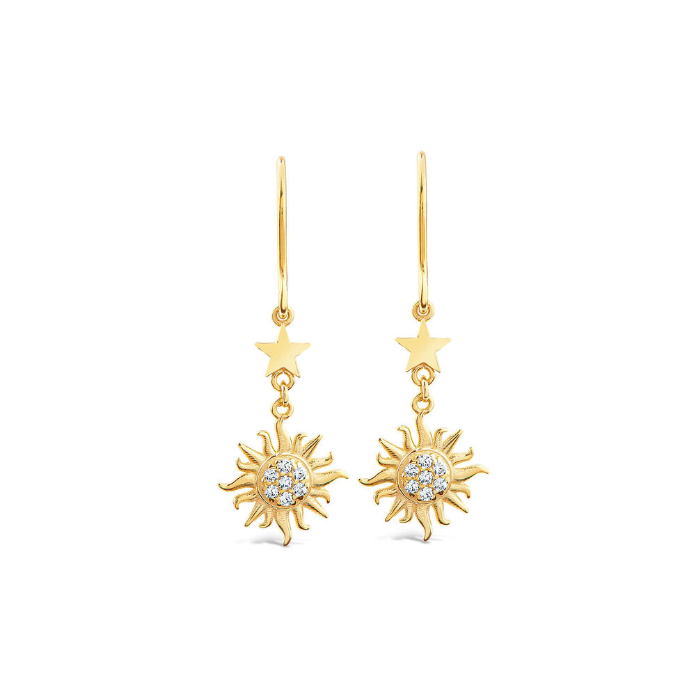 9ct Yellow Gold Cubic Zirconia Sun & Moon & Star Drop Earrings image number 0