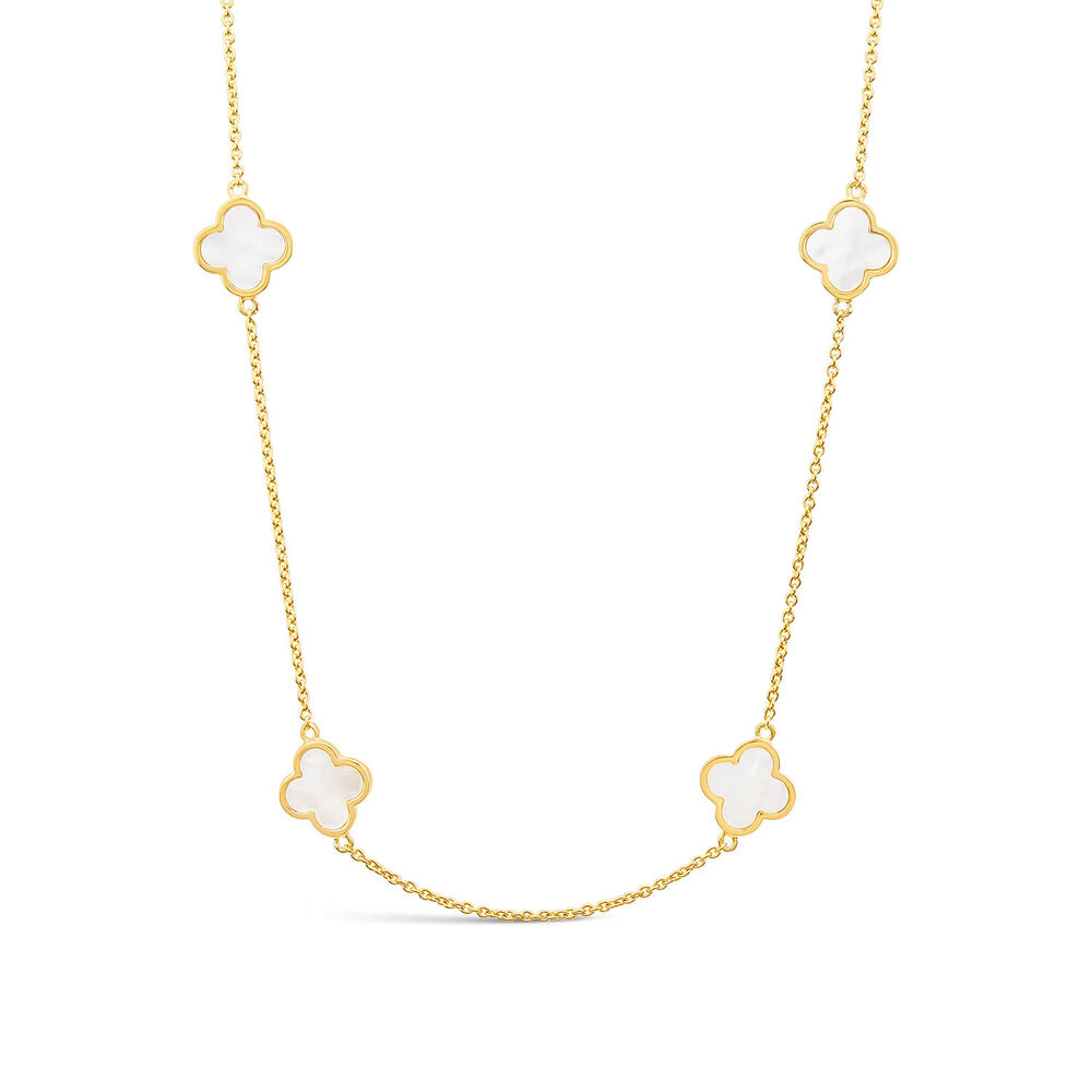 Yellow Gold Plated Sterling Silver Mother of Pearl 10 Clover Petal Necklet image number 0