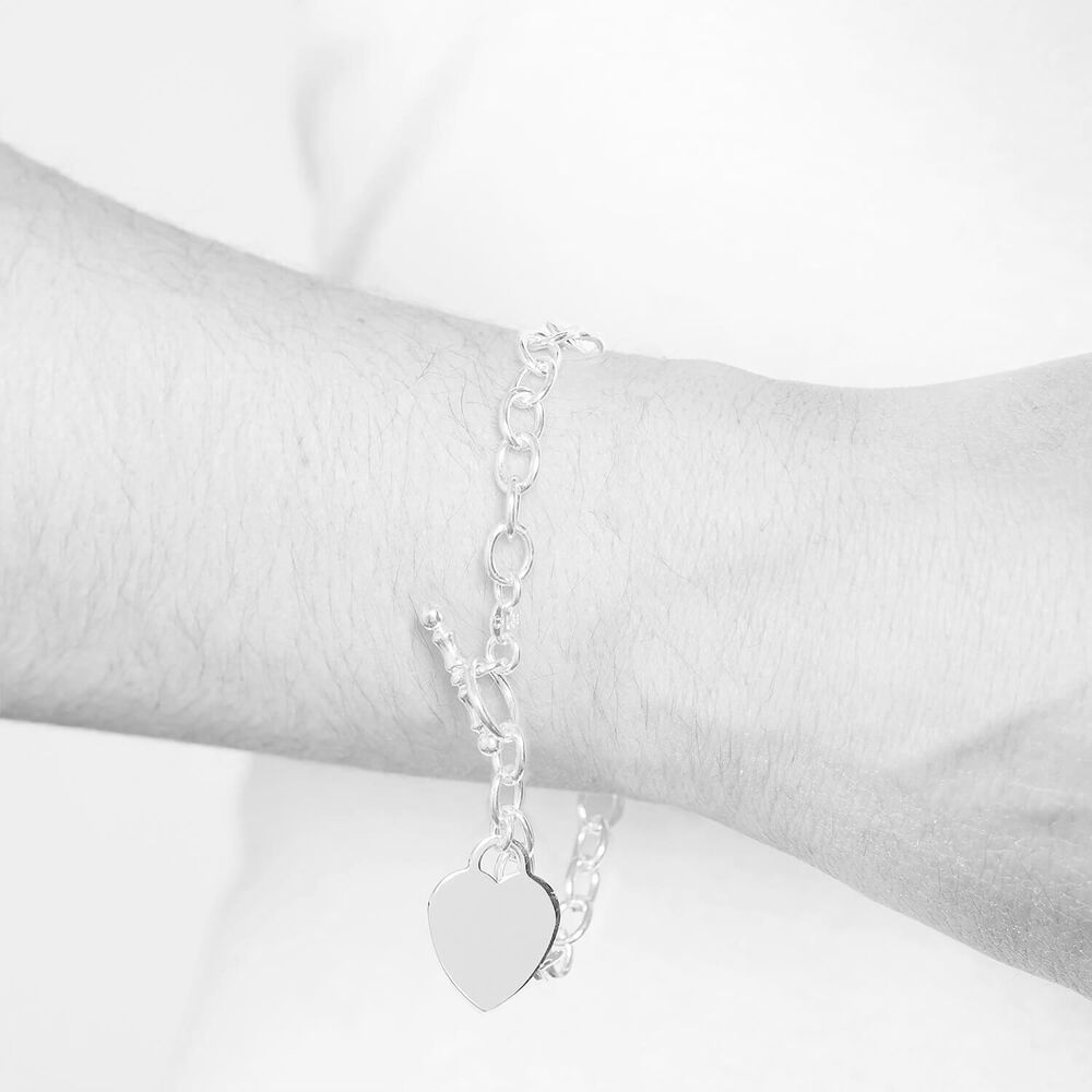 Sterling Silver Heart Charm Curb T-bar Bracelet