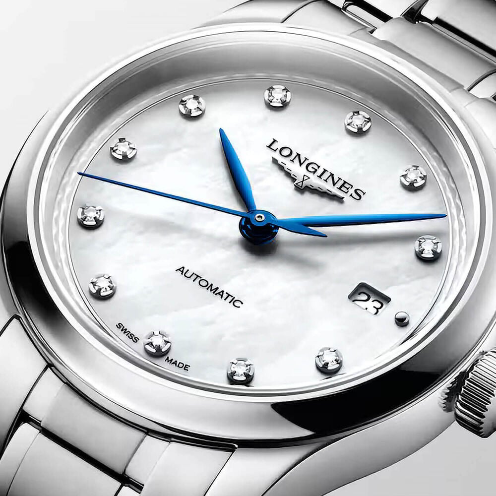 Longines Master Collection 30mm White MOP diamond Dot Dial Steel Bracelet Watch