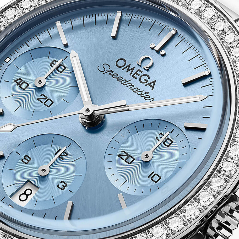 OMEGA Speedmaster 38mm Ice Blue Dial Diamond Set Bezel Steel Bracelet Watch