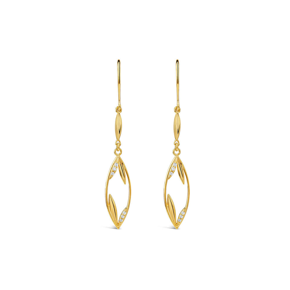 9ct Yellow Gold Cubic Zirconia Open Leaf Design Drop Earrings image number 0