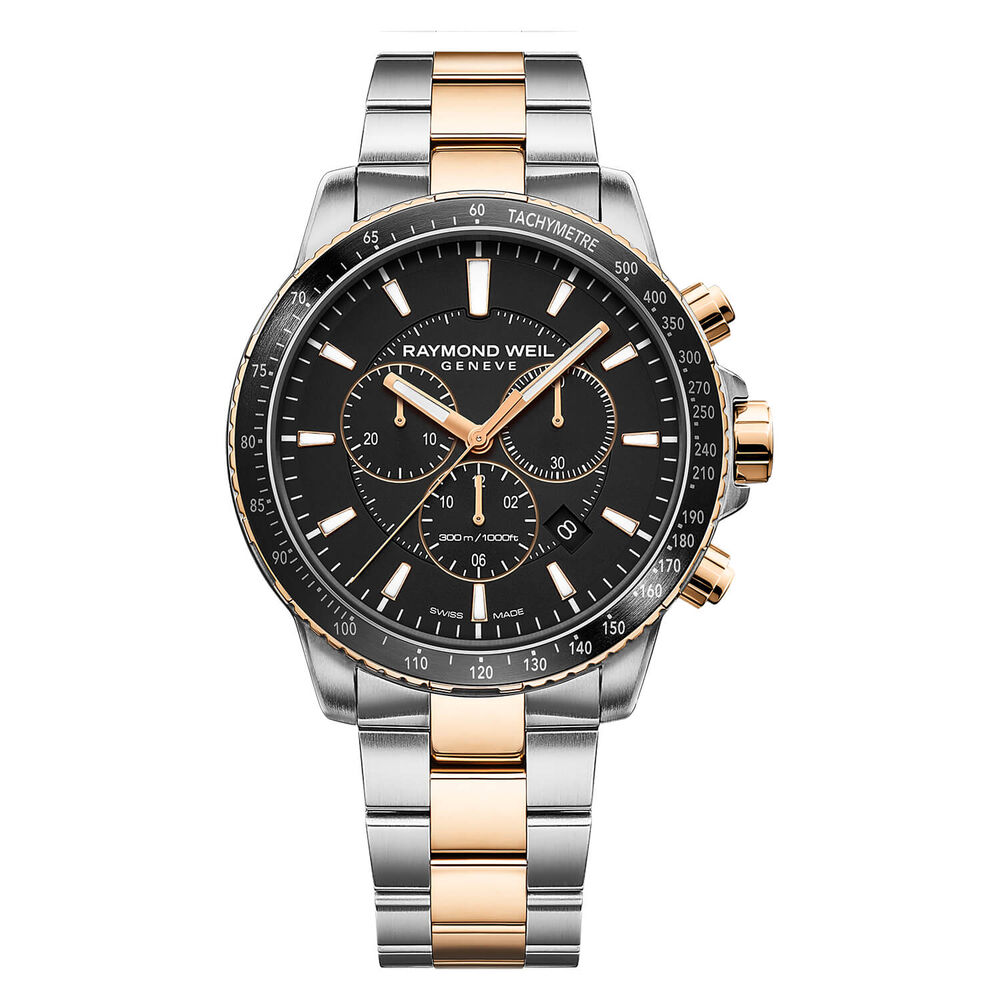 Raymond Weil Tango 43mm Quartz Black Dial Chronograph Steel & Rose Gold PVD Case Bracelet Watch