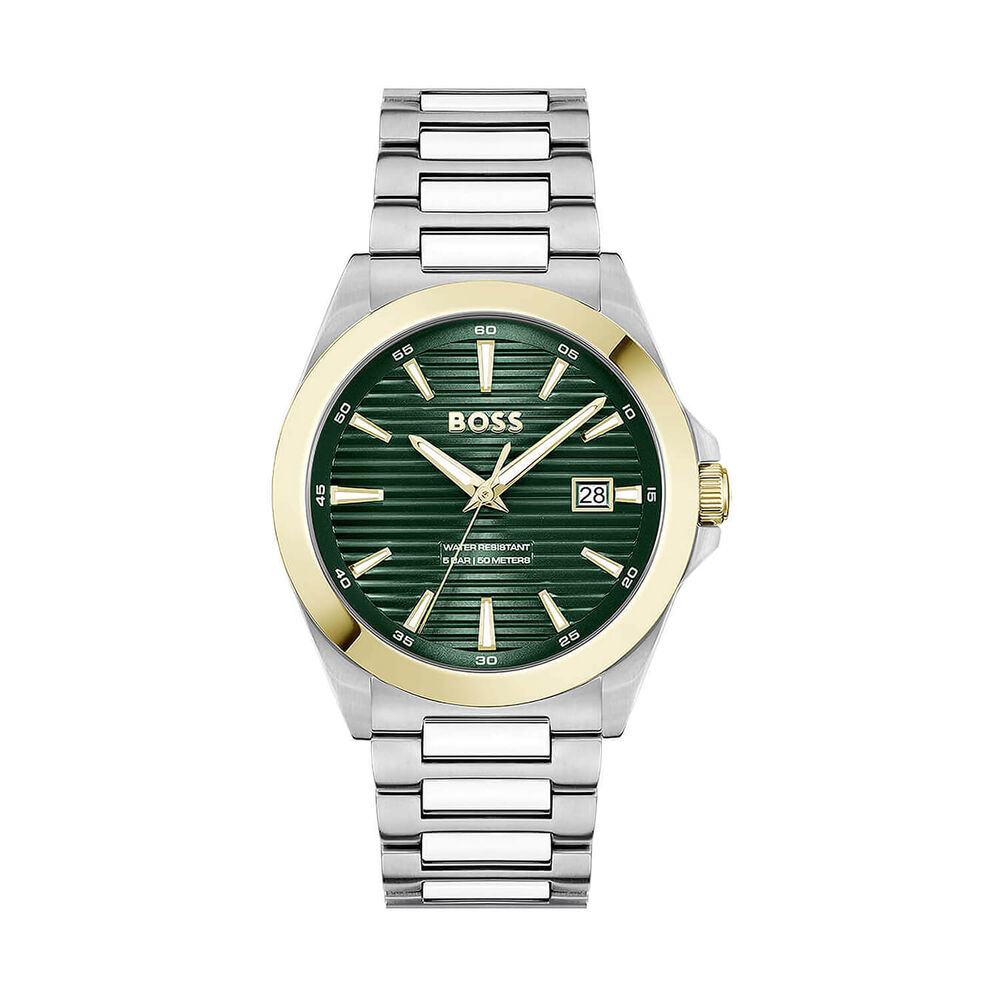BOSS Strike 41mm Green Textured Dial Gold Tone Bezel Steel Bracelet Watch