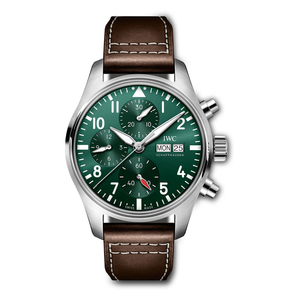 IWC Schaffhausen Pilot's Chronograph 41 Green Dial Steel Case Brown Leather Strap