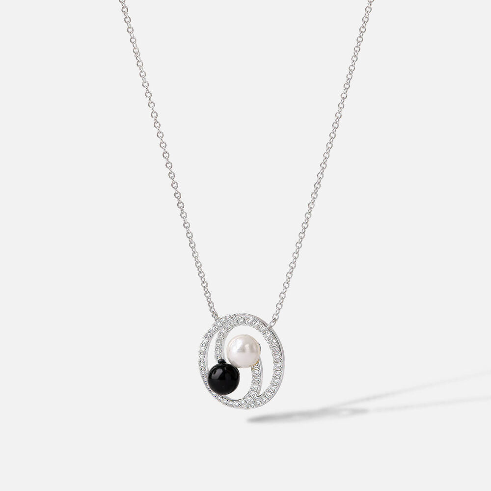 9ct White Gold Black & White Freshwater Pearl 0.11ct Diamond Swirl Necklet