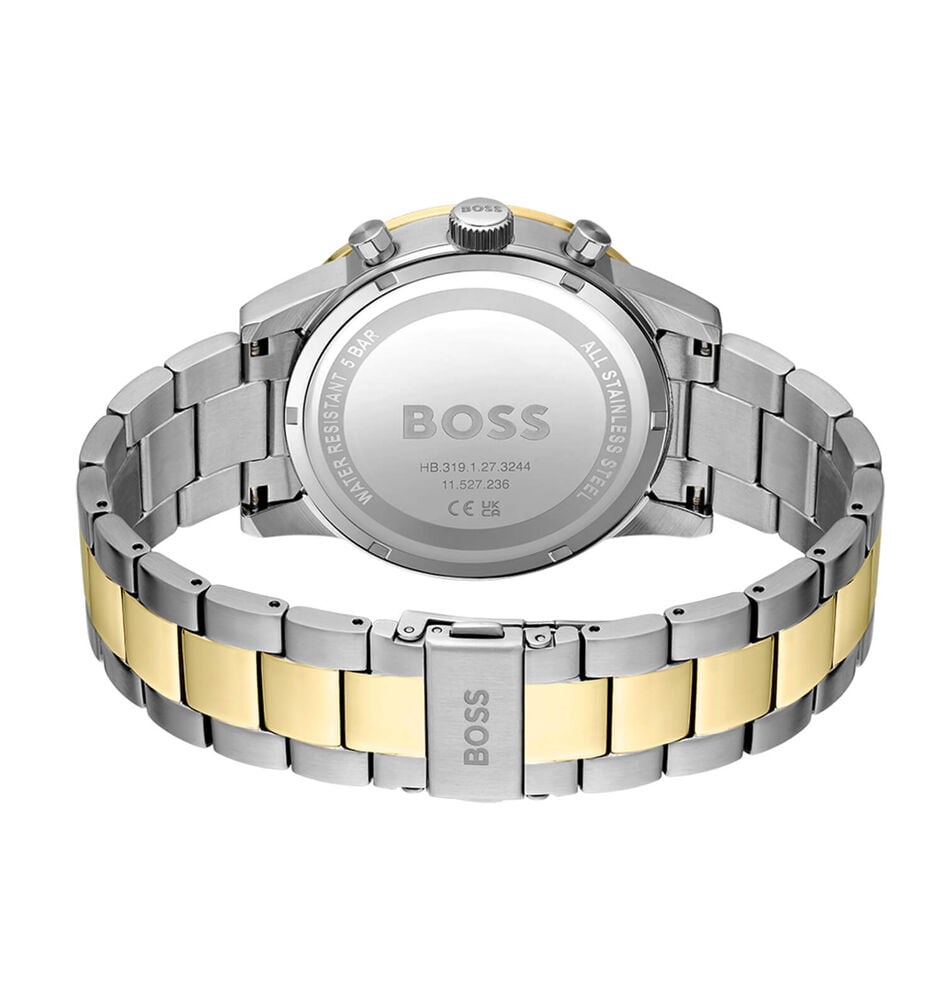 BOSS Allure Chronograph 44mm Blue Dial Yellow Gold Bezel Steel Bracelet Watch image number 2