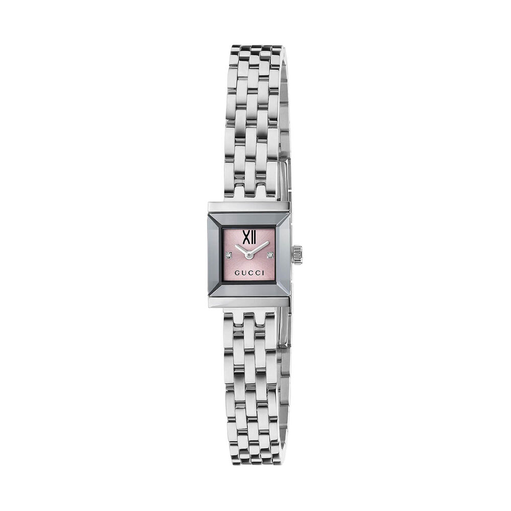 Gucci G-Frame 14x18mm Pink Dial Diamond Dots Stainless Steel Bracelet Watch
